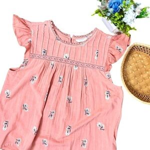 Lucky Brand Pink Crochet Floral Top Pleated Bodice Flutter Sleeve Size Large